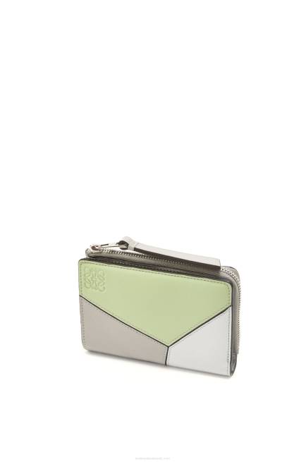 Ash Grey/Light Celadon Puzzle slim bifold wallet in classic calf Loewe 84PR1260 Women