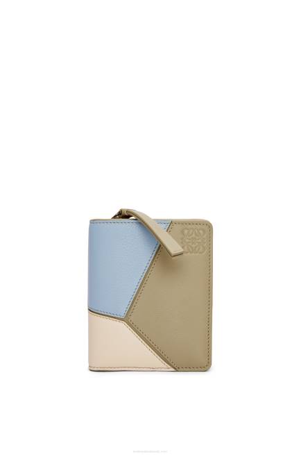 Dusty Blue/Sage Green Puzzle compact zip wallet in classic calfskin Loewe 84PR1213 Women