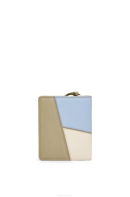 Dusty Blue/Sage Green Puzzle compact zip wallet in classic calfskin Loewe 84PR1213 Women