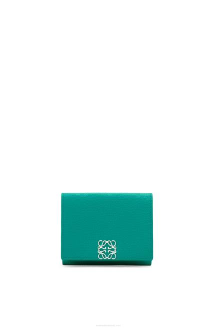 Emerald Green Anagram trifold wallet in pebble grain calfskin Loewe 84PR1319 Women