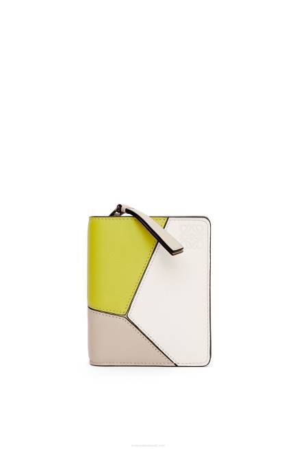 Lime Yellow/Light Oat Puzzle compact zip wallet in classic calfskin Loewe 84PR1262 Women