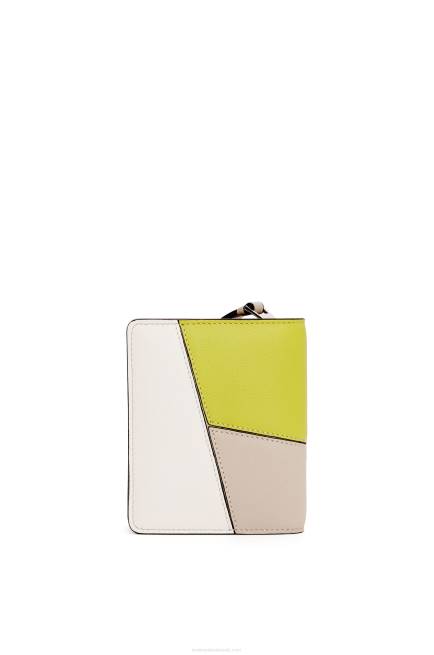 Lime Yellow/Light Oat Puzzle compact zip wallet in classic calfskin Loewe 84PR1262 Women