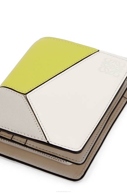 Lime Yellow/Light Oat Puzzle compact zip wallet in classic calfskin Loewe 84PR1262 Women