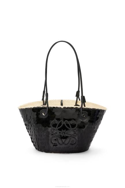 Black Small Anagram basket in sequinned iraca palm and calfskin Loewe 84PR71 Women