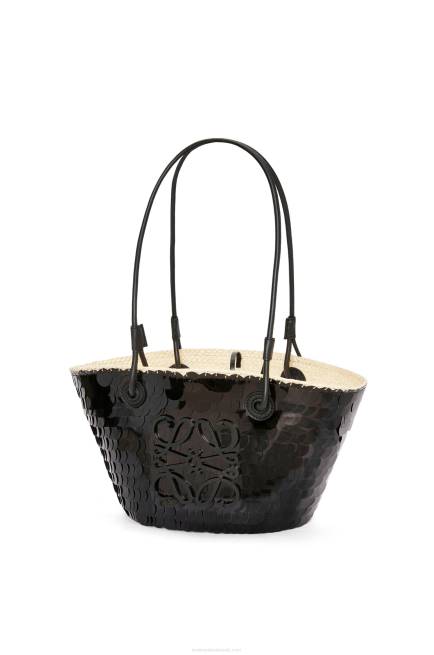 Black Small Anagram basket in sequinned iraca palm and calfskin Loewe 84PR71 Women