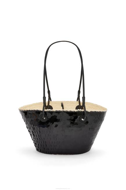 Black Small Anagram basket in sequinned iraca palm and calfskin Loewe 84PR71 Women