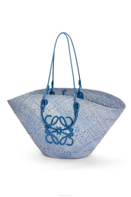 Denim Blue Large Anagram basket bag in iraca palm and calfskin Loewe 84PR2 Women