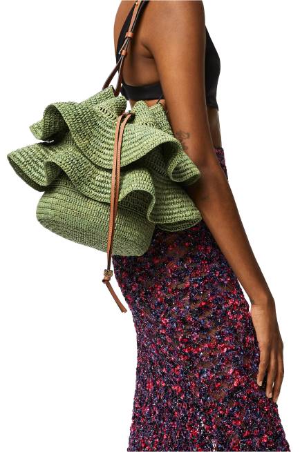 Green/Tan Balloon Ruffles bag in raffia and calfskin Loewe 84PR66 Women