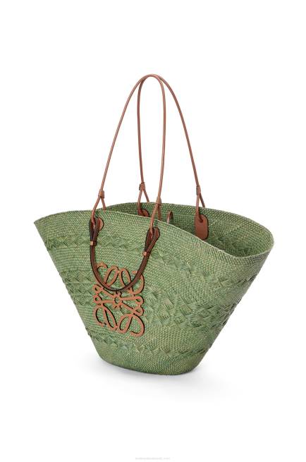Green/Tan Large Anagram Basket bag in iraca palm and calfskin Loewe 84PR65 Women