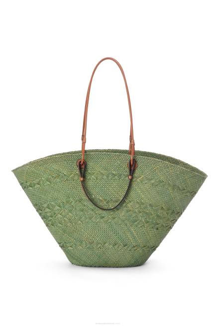 Green/Tan Large Anagram Basket bag in iraca palm and calfskin Loewe 84PR65 Women
