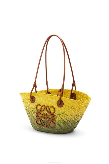 Khaki Green/Yellow Small Anagram Basket bag in iraca palm and calfskin Loewe 84PR64 Women