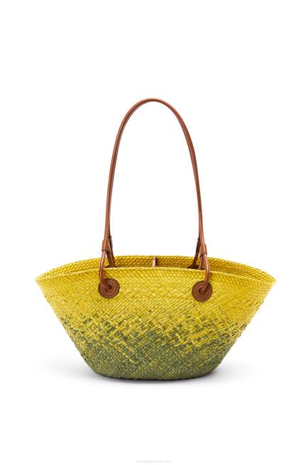 Khaki Green/Yellow Small Anagram Basket bag in iraca palm and calfskin Loewe 84PR64 Women