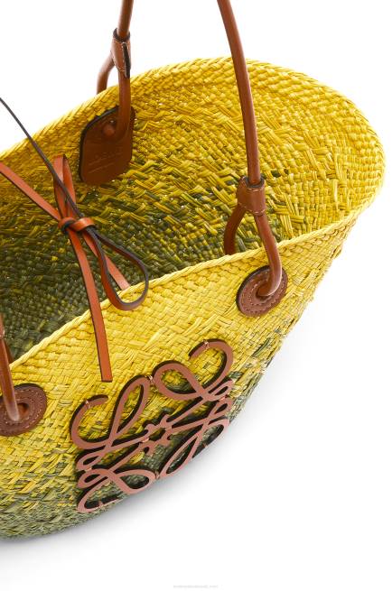 Khaki Green/Yellow Small Anagram Basket bag in iraca palm and calfskin Loewe 84PR64 Women
