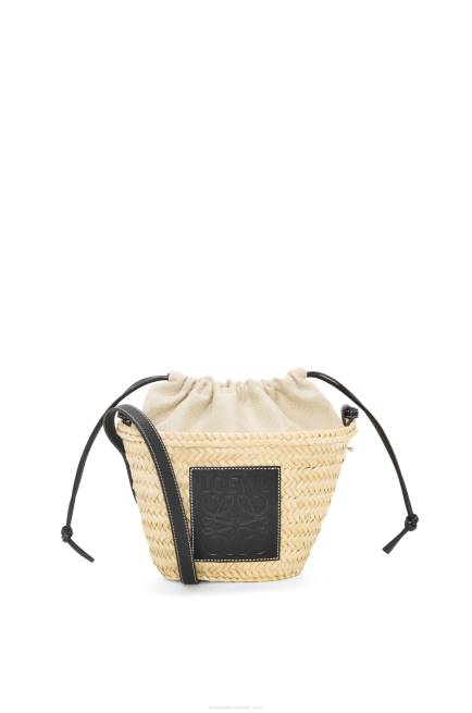 Natural/Black Drawstring bucket bag in palm leaf and calfskin Loewe 84PR24 Women