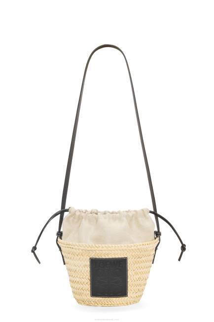 Natural/Black Drawstring bucket bag in palm leaf and calfskin Loewe 84PR24 Women