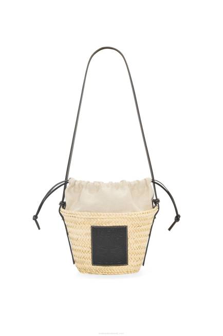Natural/Black Drawstring bucket bag in palm leaf and calfskin Loewe 84PR24 Women