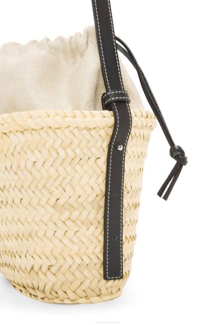 Natural/Black Drawstring bucket bag in palm leaf and calfskin Loewe 84PR24 Women