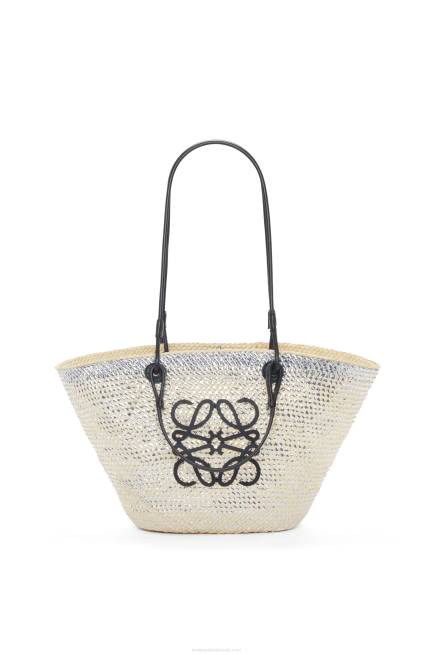 Natural/Silver Sparkling Anagram basket bag in iraca palm and calfskin Loewe 84PR42 Women