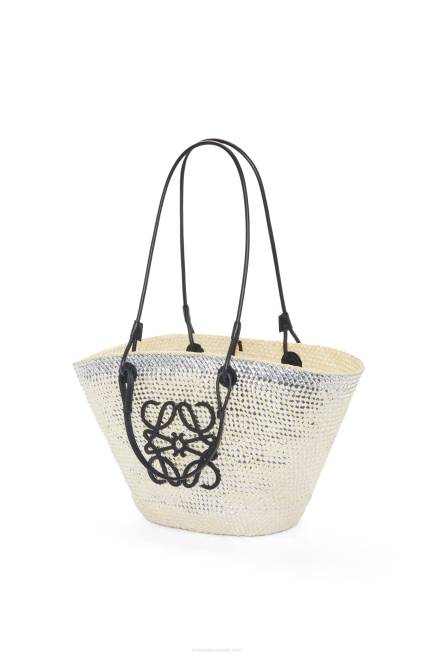Natural/Silver Sparkling Anagram basket bag in iraca palm and calfskin Loewe 84PR42 Women