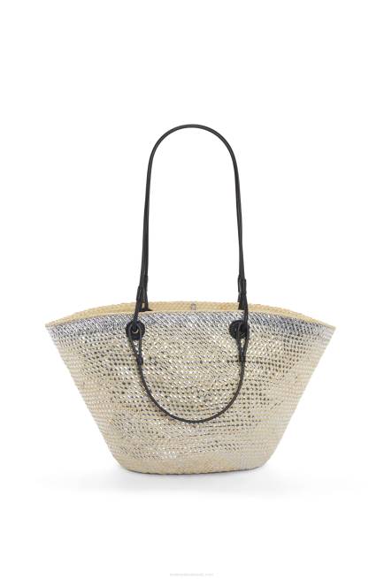 Natural/Silver Sparkling Anagram basket bag in iraca palm and calfskin Loewe 84PR42 Women