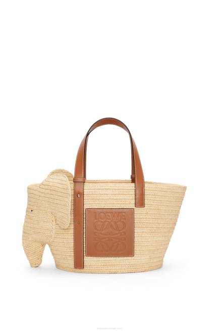 Natural/Tan Elephant basket bag in raffia and calfskin Loewe 84PR80 Women