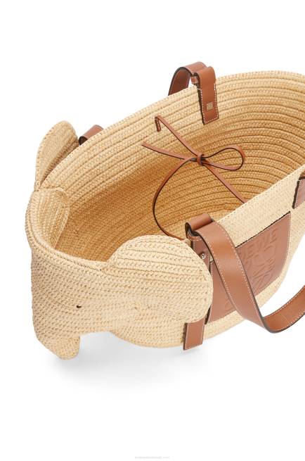 Natural/Tan Elephant basket bag in raffia and calfskin Loewe 84PR80 Women