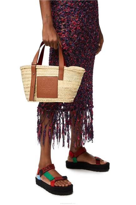 Natural/Tan Small Basket bag in palm leaf and calfskin Loewe 84PR20 Women