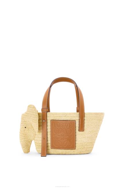 Natural/Tan Small Elephant Basket bag in raffia and calfskin Loewe 84PR79 Women