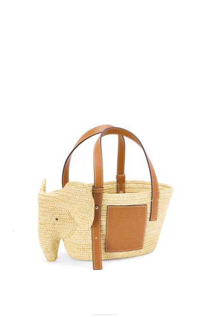 Natural/Tan Small Elephant Basket bag in raffia and calfskin Loewe 84PR79 Women