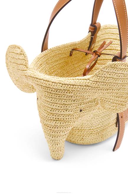 Natural/Tan Small Elephant Basket bag in raffia and calfskin Loewe 84PR79 Women