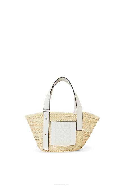 Natural/White Small Basket bag in palm leaf and calfskin Loewe 84PR48 Women
