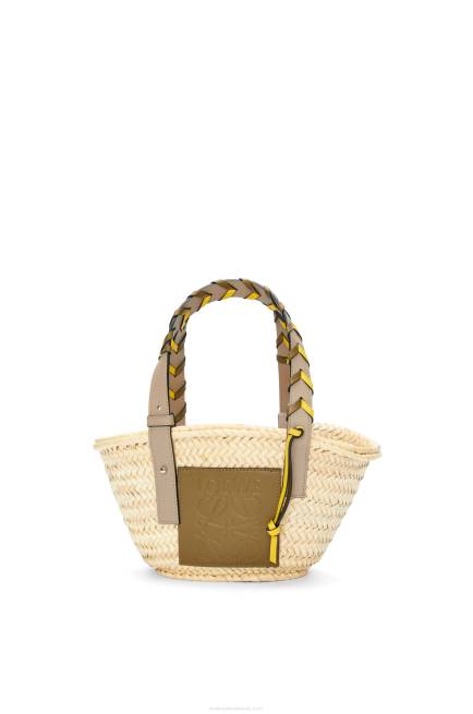 Olive/Sand Small Basket bag in palm leaf with a braided handle in calfskin Loewe 84PR5 Women