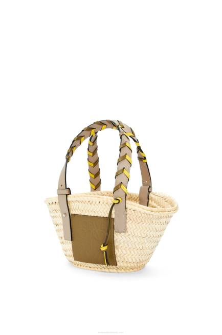 Olive/Sand Small Basket bag in palm leaf with a braided handle in calfskin Loewe 84PR5 Women