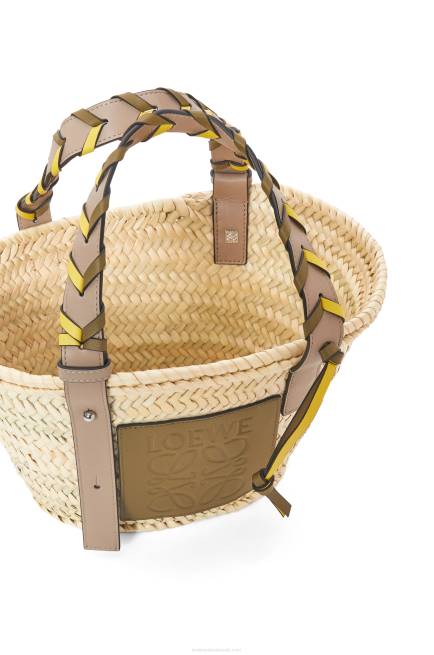 Olive/Sand Small Basket bag in palm leaf with a braided handle in calfskin Loewe 84PR5 Women