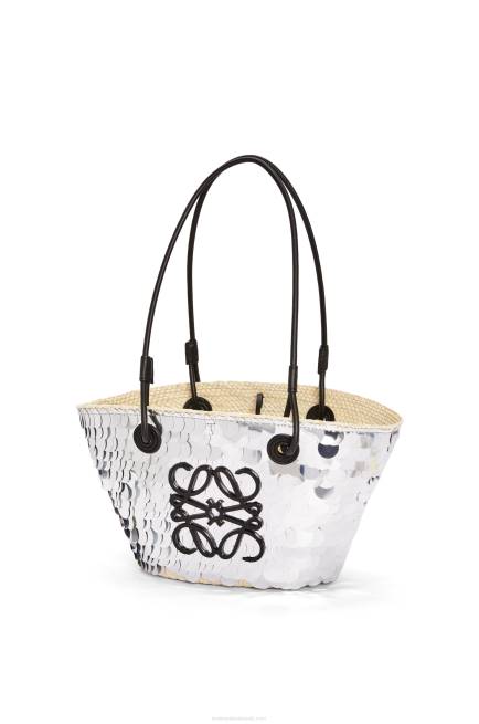 Silver Small Anagram basket in sequinned iraca palm and calfskin Loewe 84PR109 Women