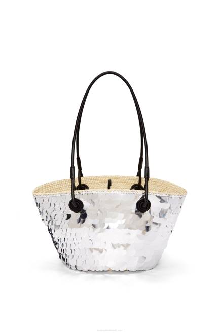 Silver Small Anagram basket in sequinned iraca palm and calfskin Loewe 84PR109 Women