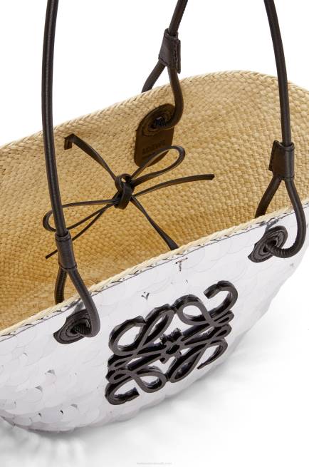 Silver Small Anagram basket in sequinned iraca palm and calfskin Loewe 84PR109 Women