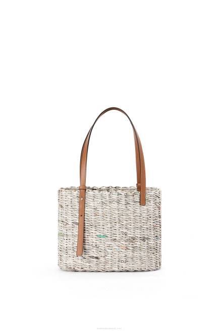Tan/Multicolor Small Newspaper Square Basket bag in paper and calfskin Loewe 84PR101 Women