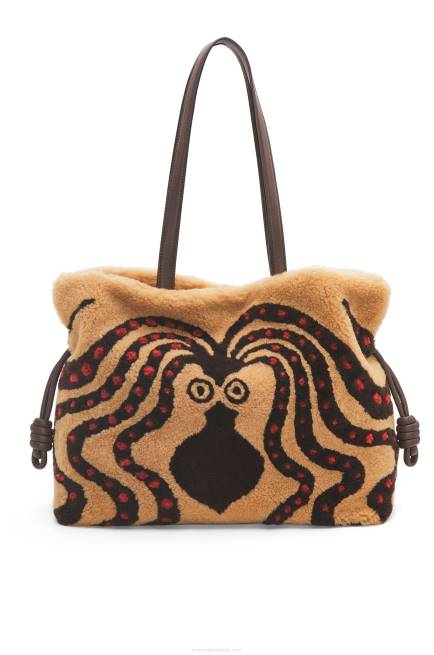 Beige/Chocolate XL Flamenco clutch in shearling Loewe 84PR466 Women