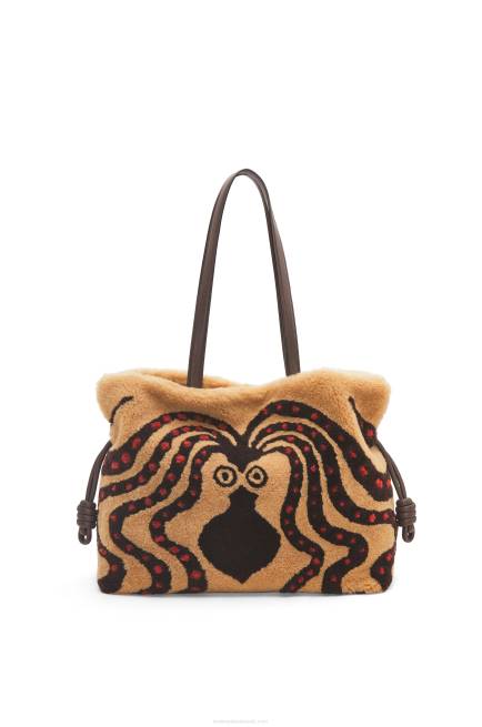 Beige/Chocolate XL Flamenco clutch in shearling Loewe 84PR466 Women