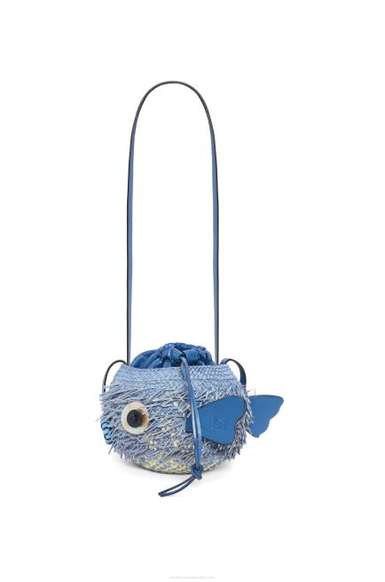 Denim Blue Blowfish pouch in iraca palm and calfskin Loewe 84PR222 Women