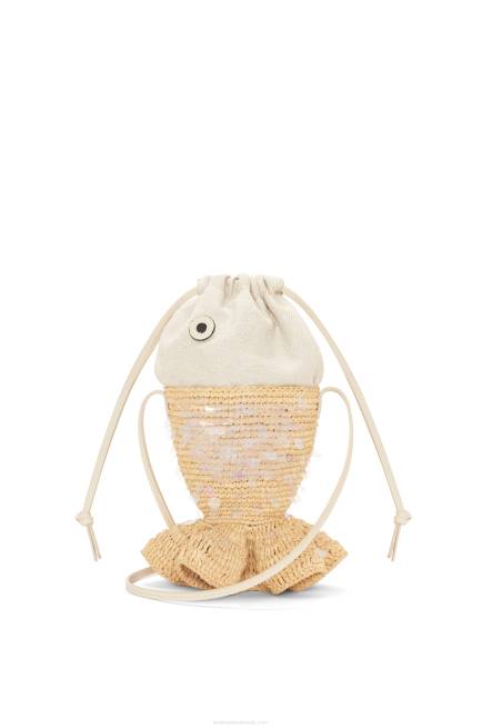 Natural/Ivory Fish pouch in canvas and raffia Loewe 84PR221 Women