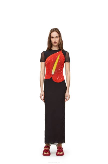 Black/Red Anthurium dress in semi sheer mesh Loewe 84PR1066 Women