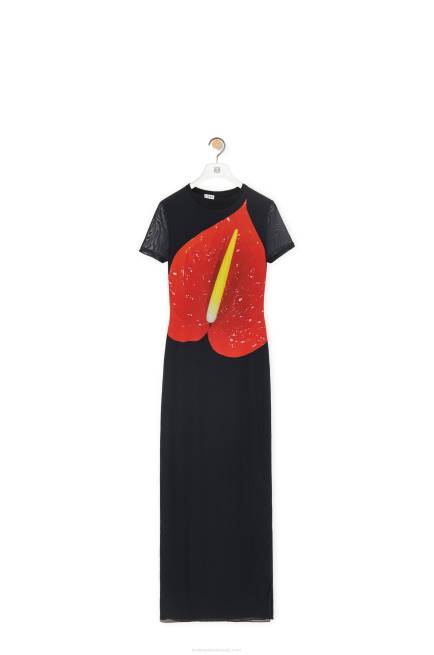 Black/Red Anthurium dress in semi sheer mesh Loewe 84PR1066 Women