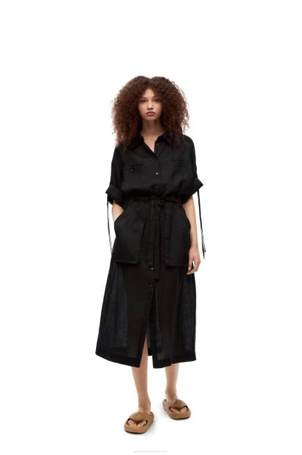 Black Workwear midi dress in linen Loewe 84PR1059 Women