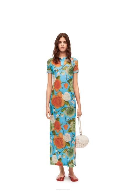 Blue/Multicolor Roses polo dress in mesh Loewe 84PR1042 Women