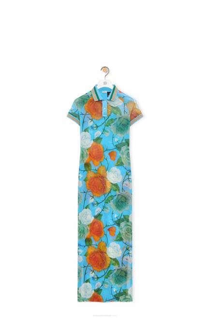 Blue/Multicolor Roses polo dress in mesh Loewe 84PR1042 Women