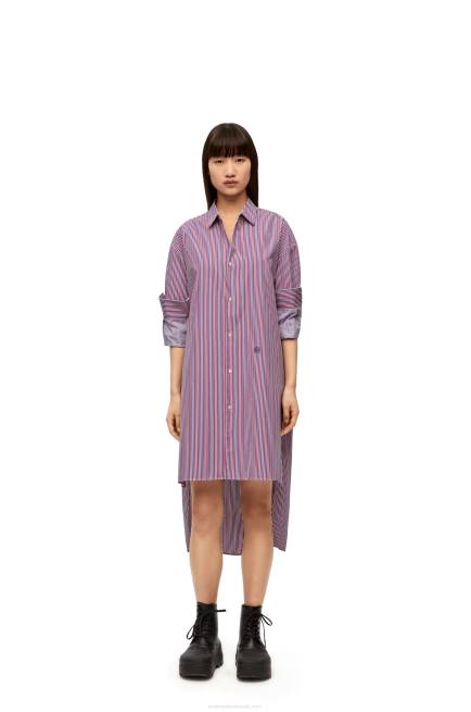 Blue/Red Turn-up shirt dress in striped cotton Loewe 84PR1035 Women