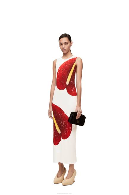 White/Red Anthurium tank dress in ribbed cotton jersey Loewe 84PR1072 Women