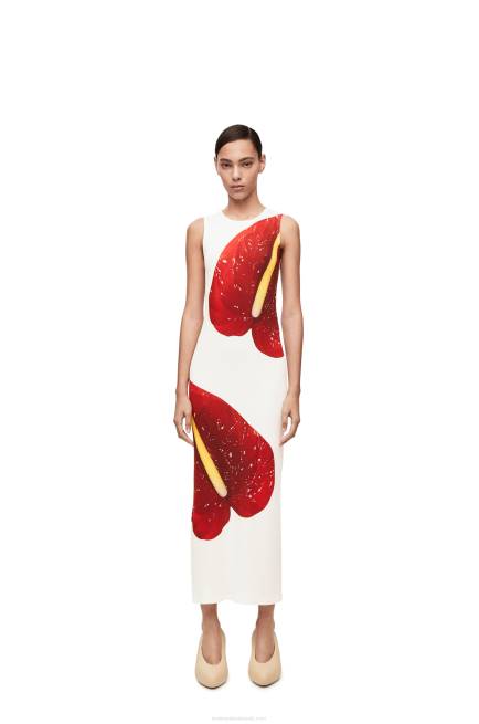 White/Red Anthurium tank dress in ribbed cotton jersey Loewe 84PR1072 Women